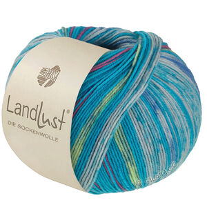 Lana Grossa LANDLUST DIE SOCKENWOLLE | 612-bleu turquoise/gris clair/bleu/bleu clair/vert tendre/rose de lys rayé