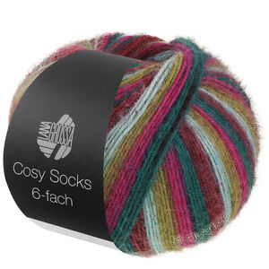 Lana Grossa MEILENWEIT 6-FACH 150g Cosy Socks Multi Stripes | 2206-rouge foncé/turquoise menthe/vert olive/fuchsia foncé/vert opale