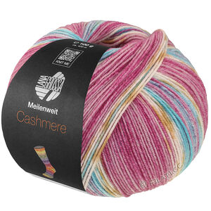 Lana Grossa MEILENWEIT 100g Cashmere Pista | 146-Fuchsia clair/fuchsia foncé/blanc/ocre/turquoise/bleu clair rayé