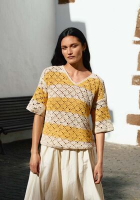 PULL A ENCOLURE EN V EN BRIDES ET MOTIF A LOSANGES AJOURES Landlust Baumwolle de Lana Grossa
