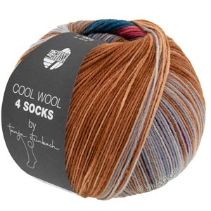 Lana Grossa COOL WOOL 4 SOCKS PRINT II | 7798-brun gris/jean foncé/brun gris/bleu comme violettes/brun noisette/rouge amarena